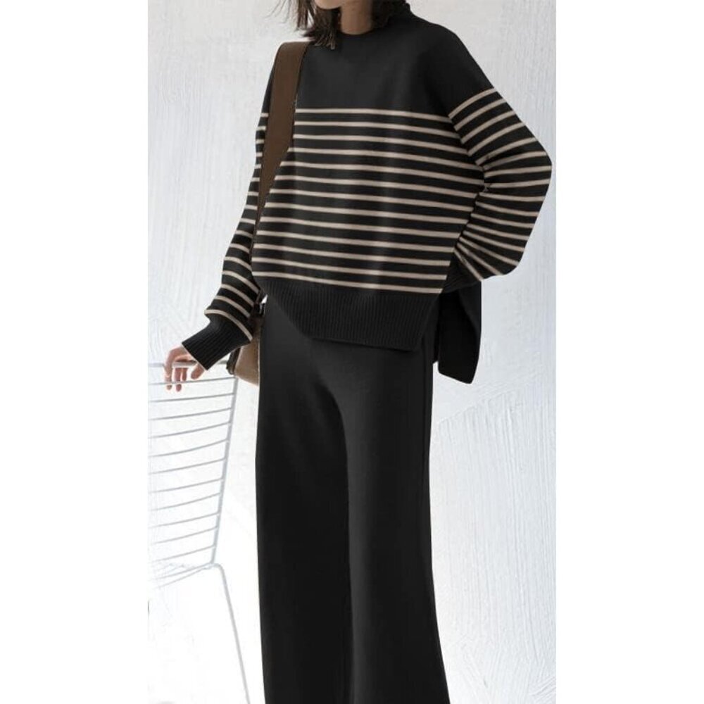 Womens Knitted Lounge Sets Small Knit Sweater Wide Leg Pants Casual - Picture 3 of 4